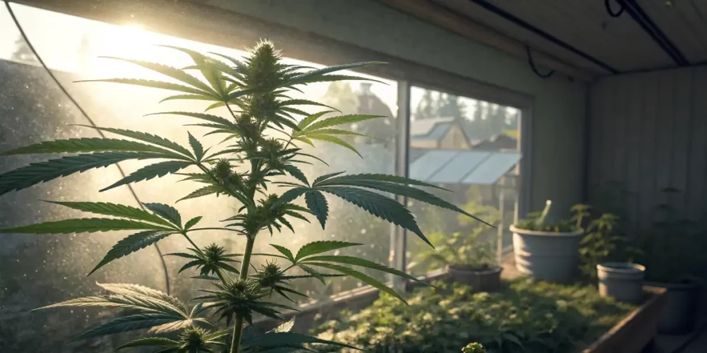 Cannabis plant with buds growing under sunlight in a greenhouse.