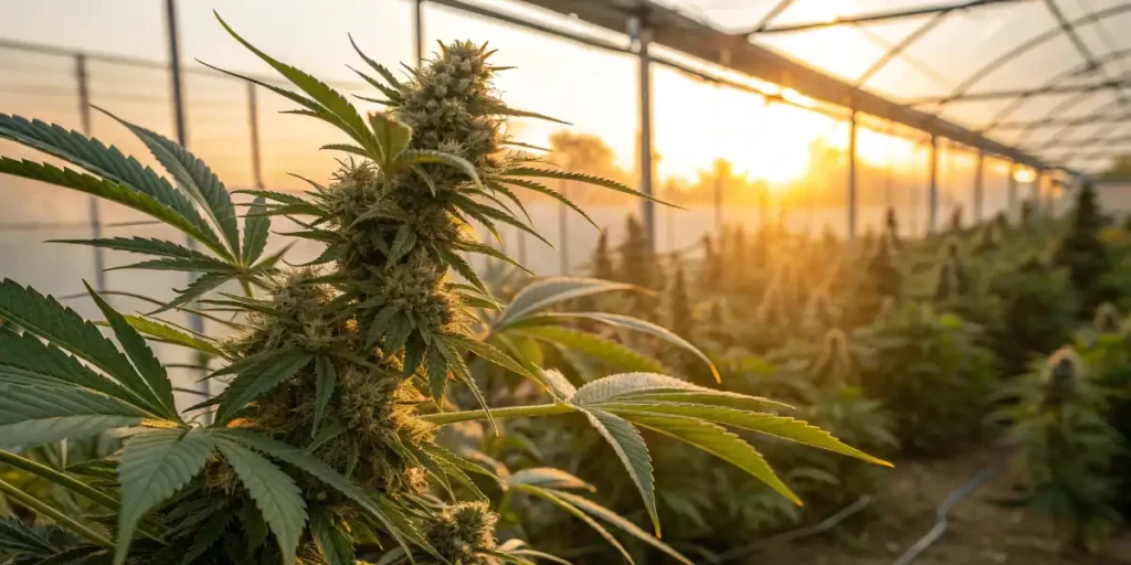 Cannabis plant in full bloom with trichomes glistening under the sunlight in a greenhouse.