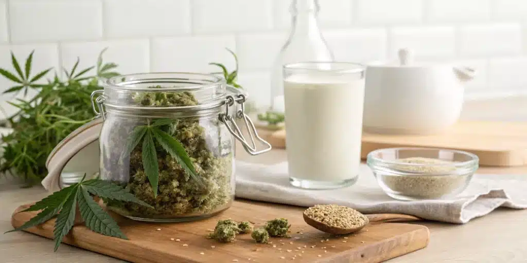Glass jar of cannamilk recipe with hemp buds, measuring cup, and milk carton on wooden counter.