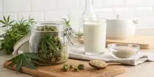 Glass jar of cannamilk recipe with hemp buds, measuring cup, and milk carton on wooden counter.