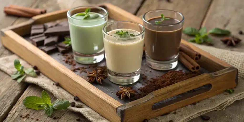 Three glasses of cannamilk recipe in vanilla, matcha, and chocolate on a tray with spices and herbs.