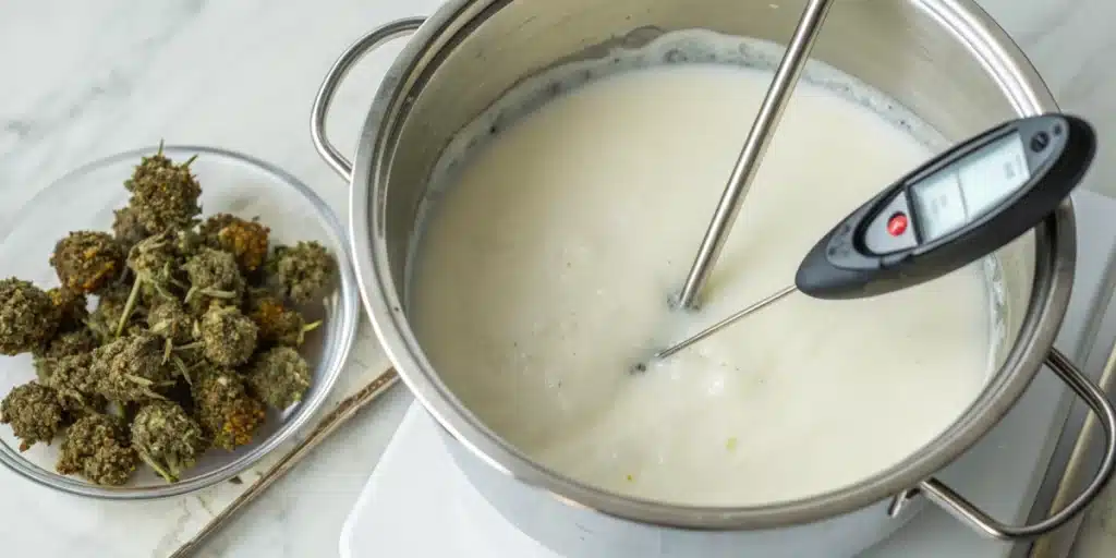 Double boiler infusing creamy milk with CBD flower and thermometer on pan edge.