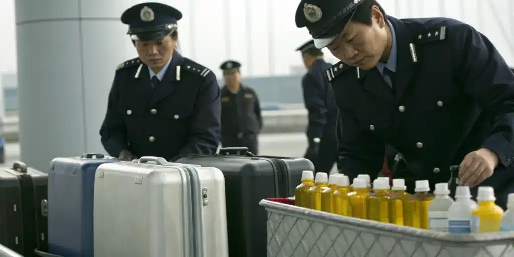 Chinese police inspecting luggage for cannabis or CBD products at airport