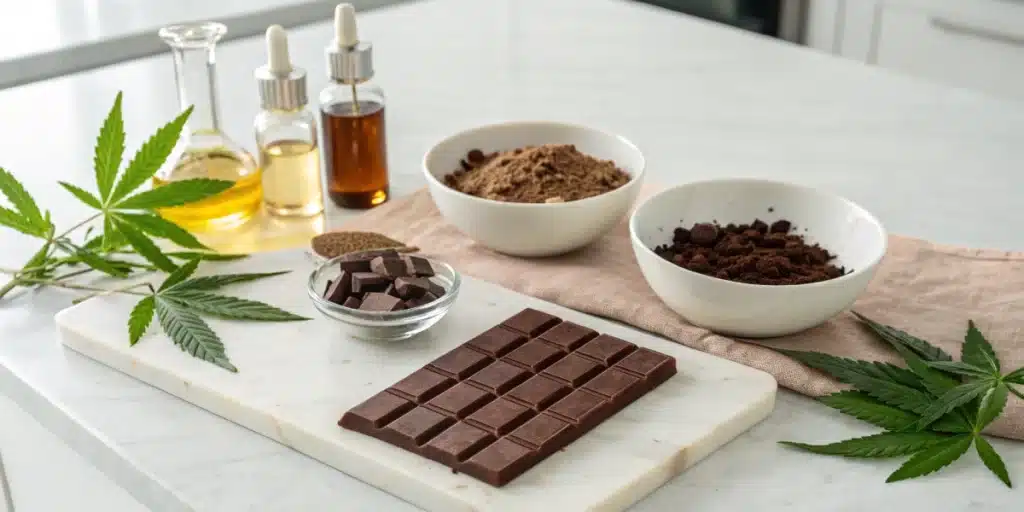 Realistic view of a kitchen countertop set up for a chocolate cannabis recipe with all required ingredients neatly arranged.