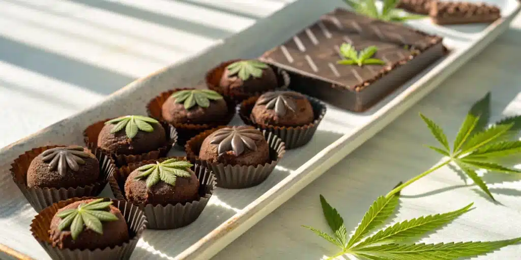 Realistic image of beautifully presented chocolate cannabis treats on a serving tray, showcasing the final gourmet product.