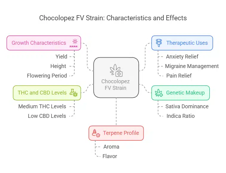 Diagram outlining Chocolopez FV Strain characteristics, including THC and CBD levels, growth traits, terpene profile, and therapeutic uses.