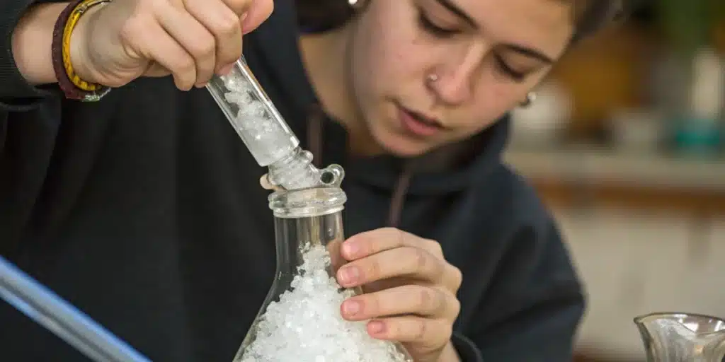 Realistic close-up depicting how to clean a percolator bong by shaking it with a cleaning solution and salt.