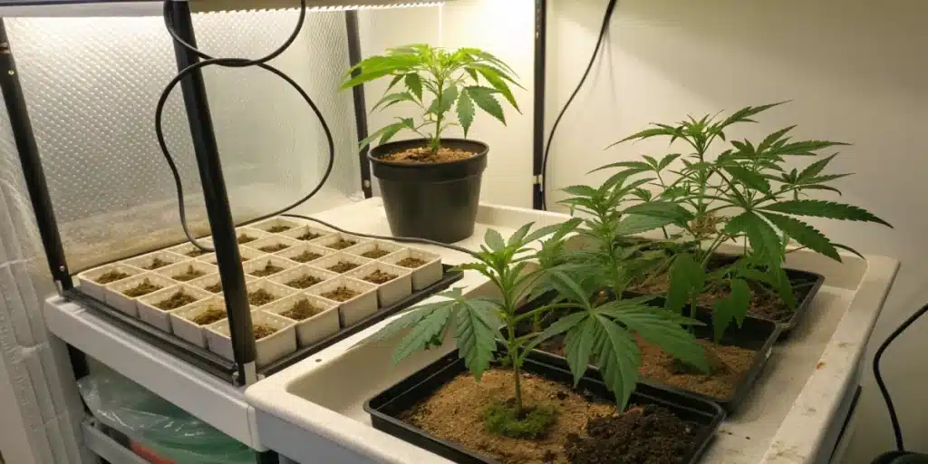 Uniform clones beside a cannabis mother plant on a propagation bench
