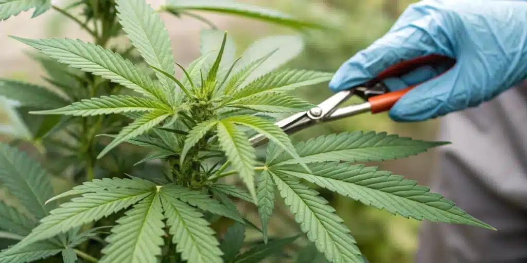 Gardener trimming a cannabis mother plant for clone production