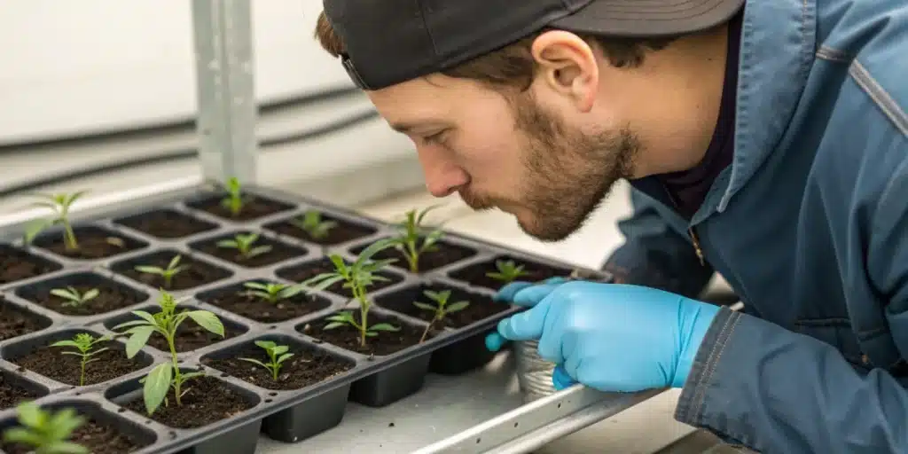 Realistic close-up of a grower inspecting an autoflower cutting in a propagation tray, illustrating why cloning autoflowers proves difficult.