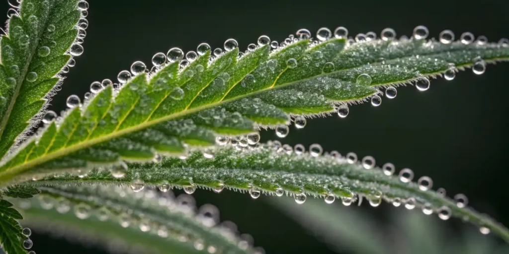 Close-up view of cannabis sativa leaf with visible trichomes and water droplets on the surface