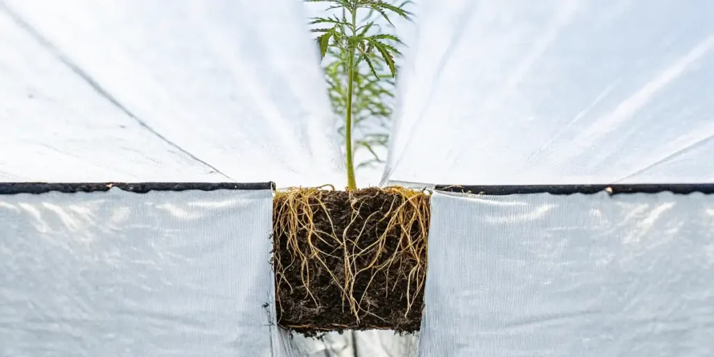 Close-up of cannabis roots absorbing water from the soil, showing fine root structures.