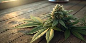 Close-up of a cannabis bud with vibrant purple and green colors, sitting on wooden surface