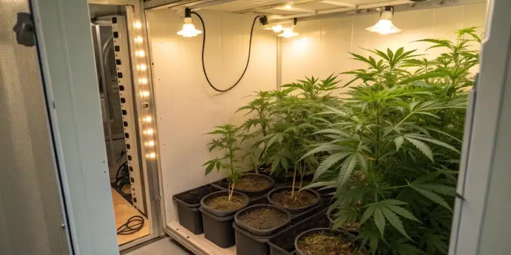 A detailed closet setup showing how to grow weed in a closet with LED lights and proper ventilation