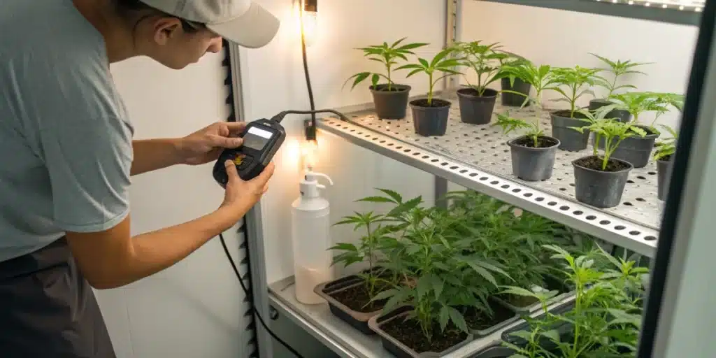 A grower organizing timers and nutrients in a small closet to show how to grow weed in a closet efficiently