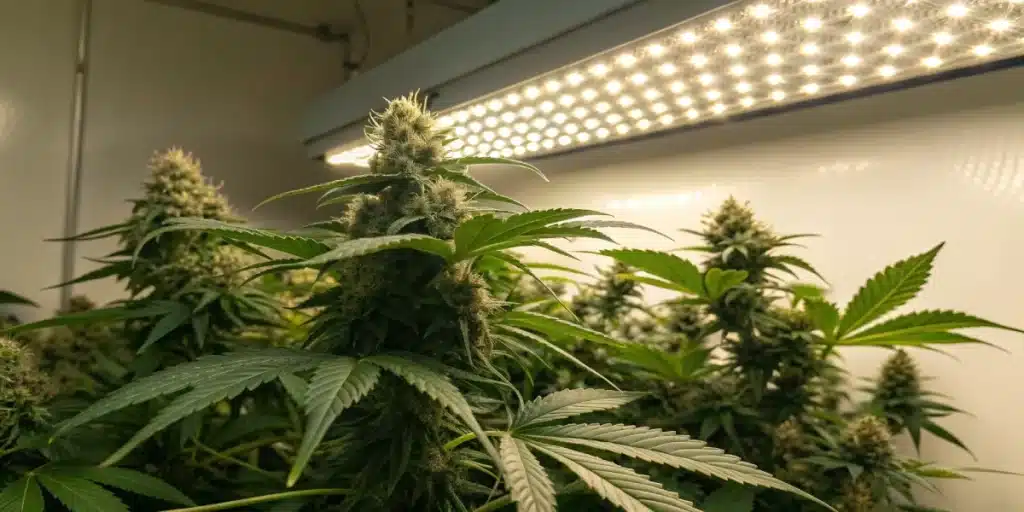 Close-up of vibrant cannabis plants demonstrating how to grow weed in a closet using LED grow lights