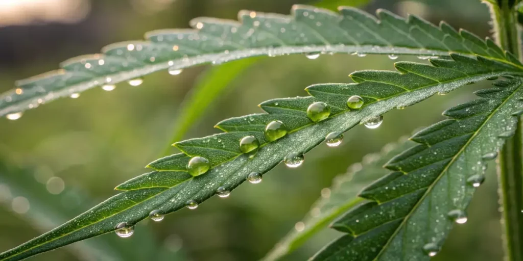 Cluster of tiny green caterpillars resting on a cannabis leaf.