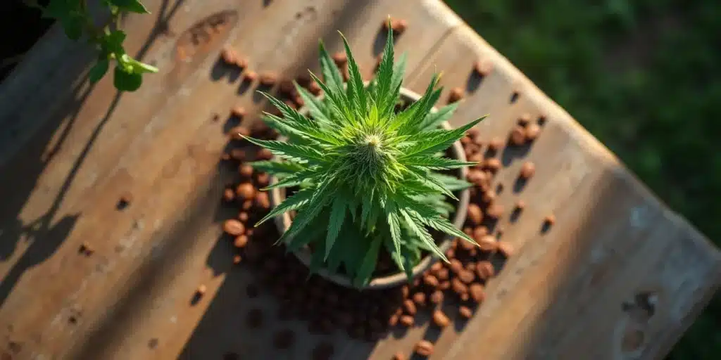 Cannabis plant viewed from above with coffee beans scattered around the pot.