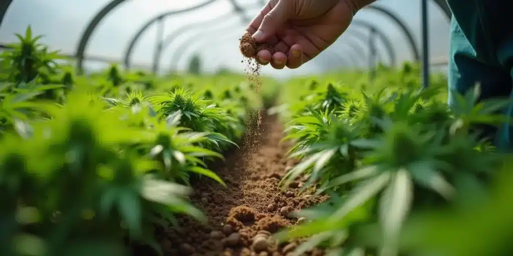 Person spreading coffee grounds into rows of marijuana plants in a greenhouse.