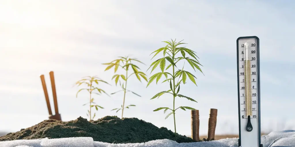 Hyper-realistic outdoor cannabis garden during early spring: young cannabis plants growing from small mounds in melting snow, with a thermometer showing cold temperatures, under a bright, hazy sky.