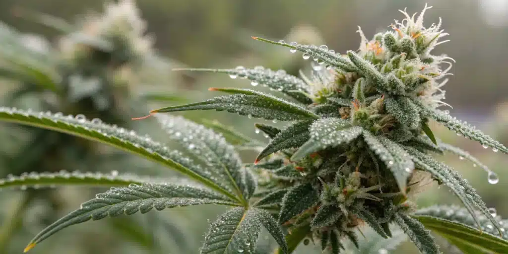 Realistic close-up capturing how to make feminized seeds with colloidal silver by showing droplets on cannabis flowers.