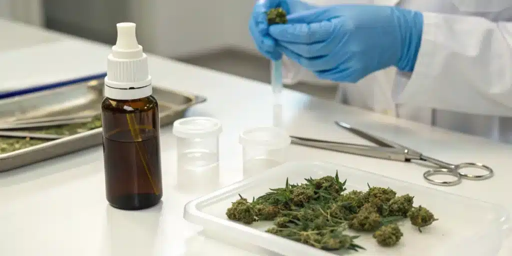 Realistic lab image illustrating how to make feminized seeds with colloidal silver, with tools and cannabis cuttings in focus.