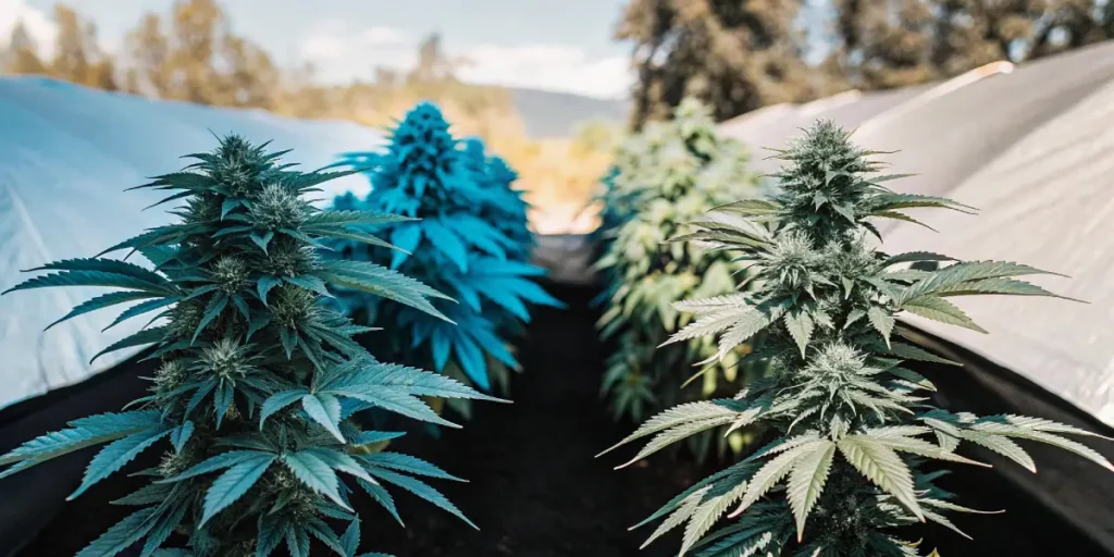 Hyper-realistic outdoor cannabis garden featuring rows of blue and green cannabis plants under partial white covers.