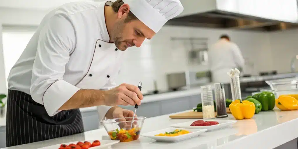 Realistic image of a chef adding concentrate to edibles in a modern kitchen, illustrating creative ways to use concentrate effectively.