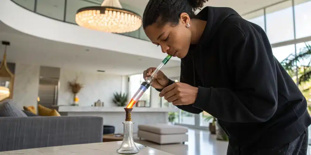 Realistic image of a person dabbing concentrate using a modern rig, demonstrating proper technique for effective concentrate use.