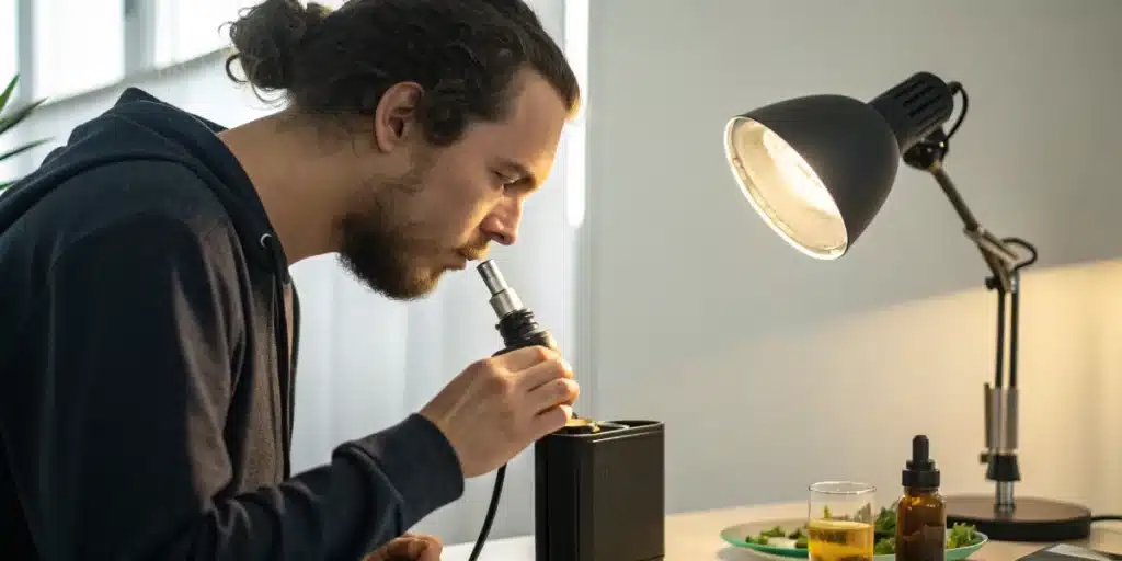 Realistic image of an individual vaporizing concentrate with a high-tech device, showcasing a safe and efficient method to use concentrate.
