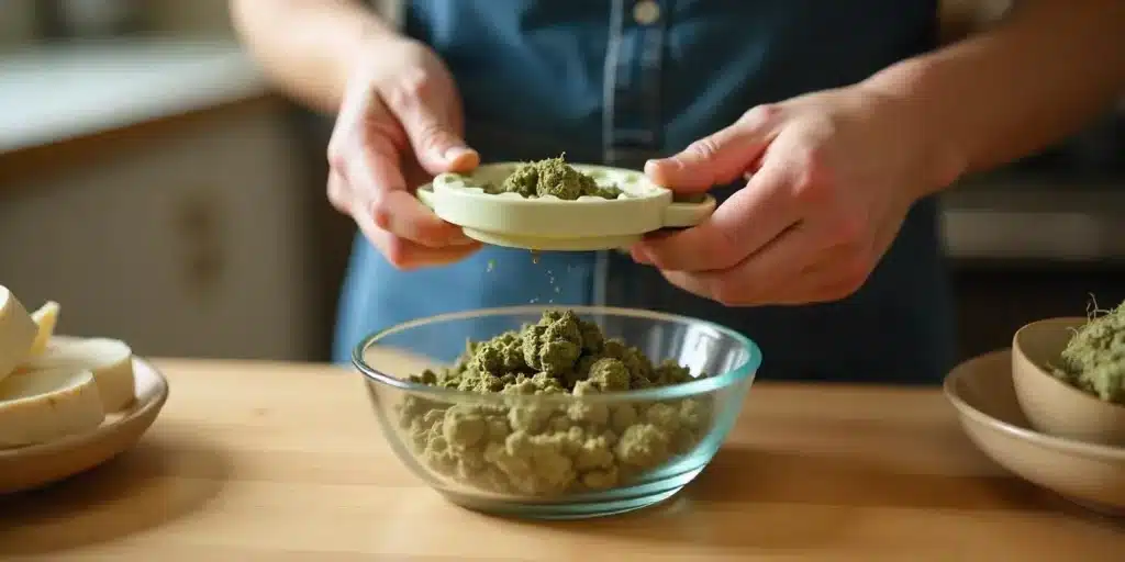 Hands using a potato ricer to press cannabis into a glass bowl.