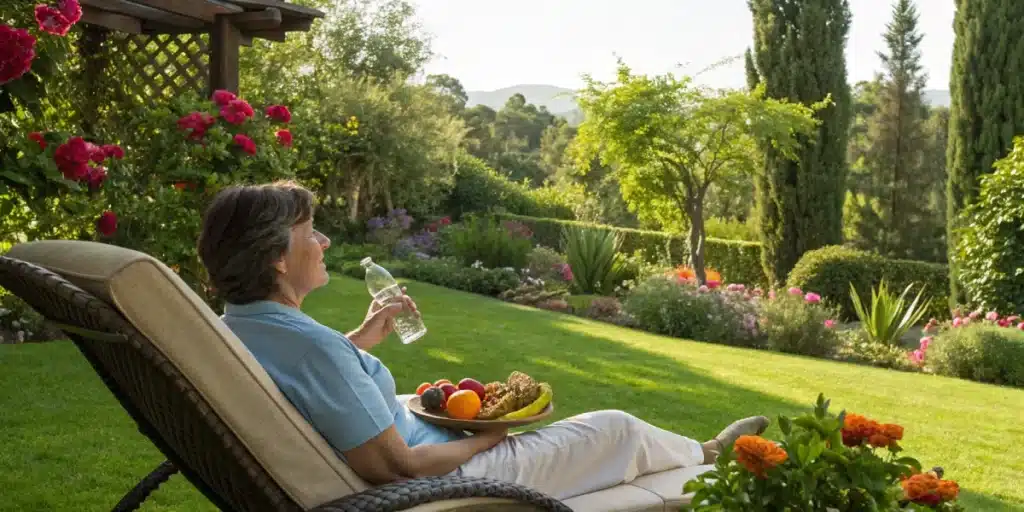 Realistic image of a cannabis user employing hydration and healthy snacks to get rid of cotton mouth from weed in a garden setting.