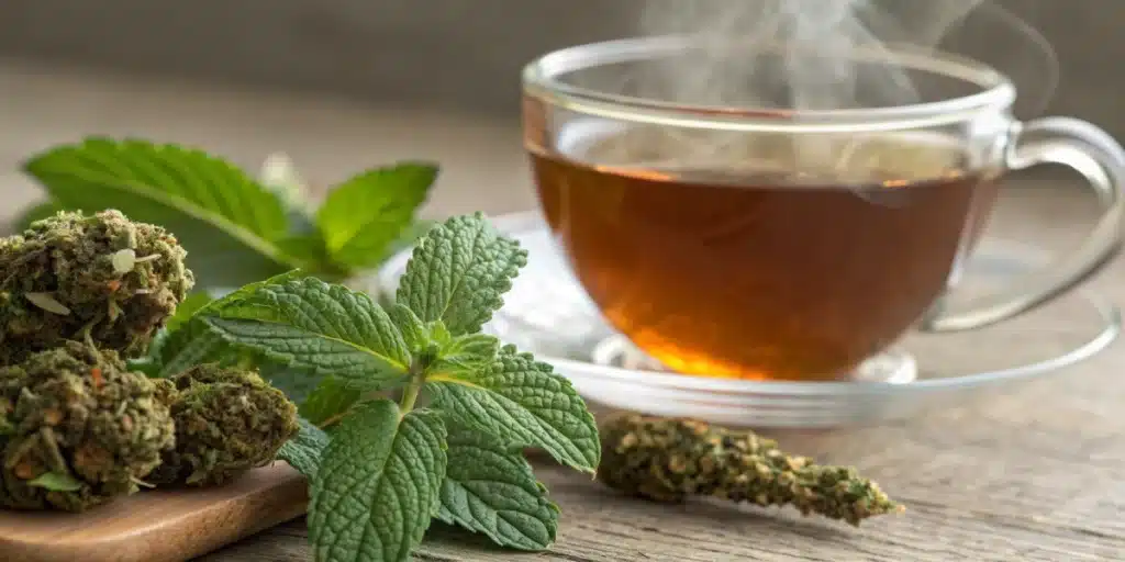 Realistic close-up of herbal tea and mint used to get rid of cotton mouth from weed, emphasizing natural relief remedies.