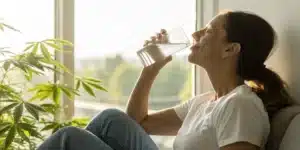 Realistic image showing a person using water to get rid of cotton mouth from weed, highlighting hydration after cannabis use.