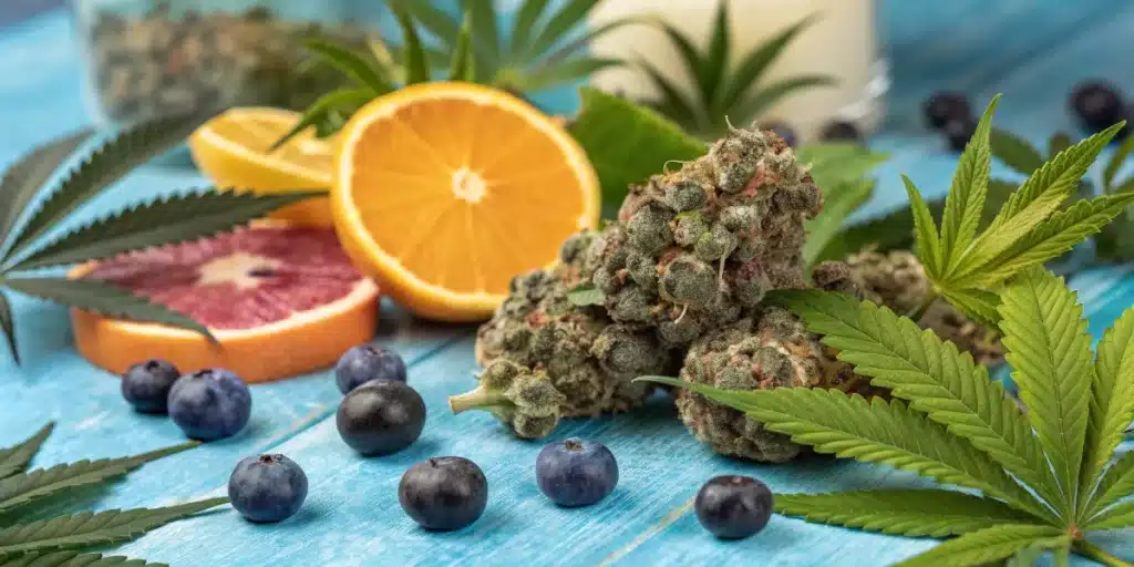 Visual representation of Critical Banana Weed Strain flavours with fruity, banana-like notes illustrated by color graphics and close-ups of aromatic cannabis buds.