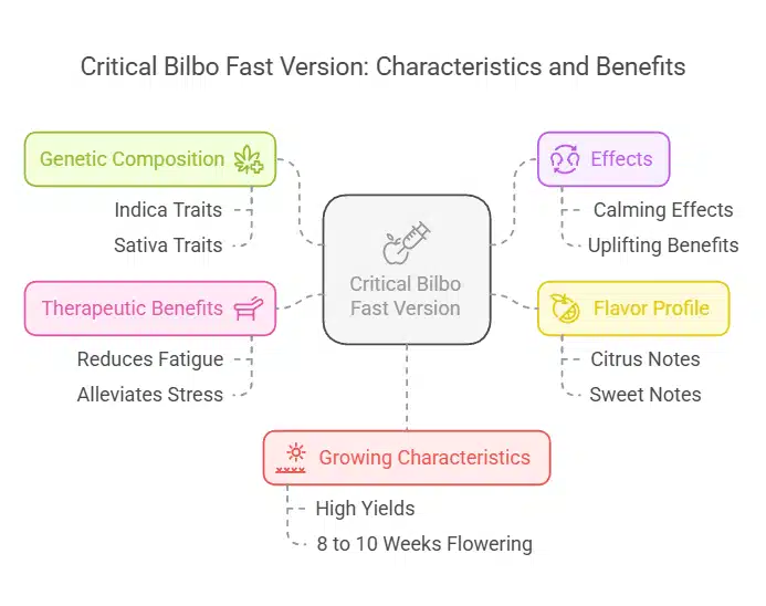 Critical Bilbo FV Description showcasing compact, resinous buds with subtle purple hues and detailed annotations on growth characteristics.