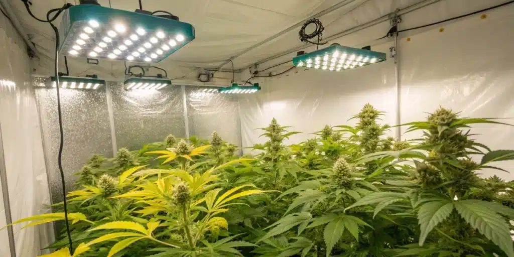 Critical Bilbo FV indoor setup featuring thriving plants under LED lighting with dense, vibrant buds and controlled climate conditions.