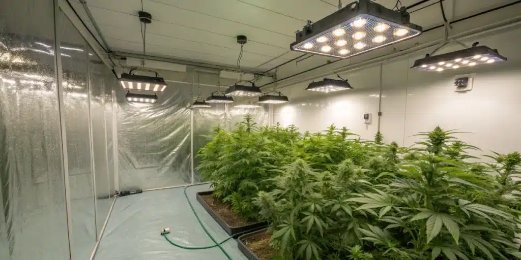 Indoor setup of Critical Kush Autoflowering showcasing compact, resin-rich plants thriving under controlled LED lighting and environmental conditions.