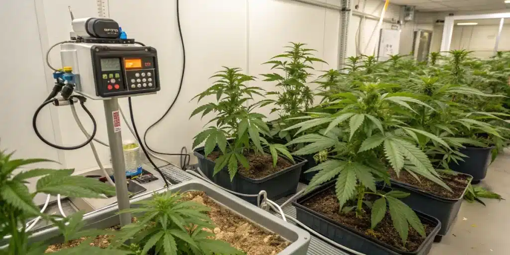 Indoor setup showcasing Critical x GG 4 Auto with compact, dense buds thriving under LED lights in a high-tech grow environment.