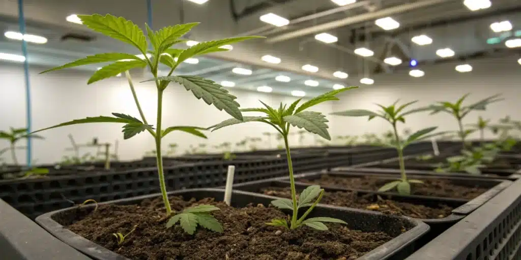 Indoor view of Dark Star Auto Fem in the vegetative stage with vibrant green leaves and sturdy stems under controlled LED lighting.