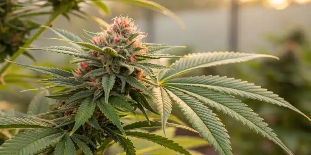 A realistic close-up of a Delta 6 cannabis plant with vibrant trichomes and soft natural lighting, highlighting whats delta 6 in its natural form.