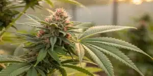 A realistic close-up of a Delta 6 cannabis plant with vibrant trichomes and soft natural lighting, highlighting whats delta 6 in its natural form.