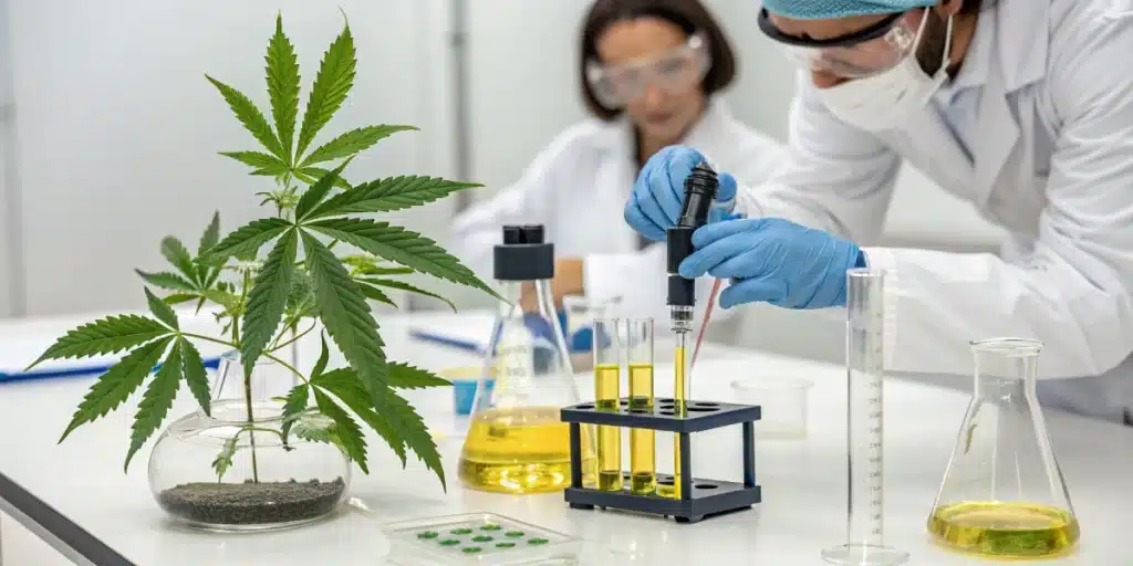 A detailed realistic scene of modern laboratory equipment testing cannabis extracts, capturing whats delta 6 chemical research with a clean background.