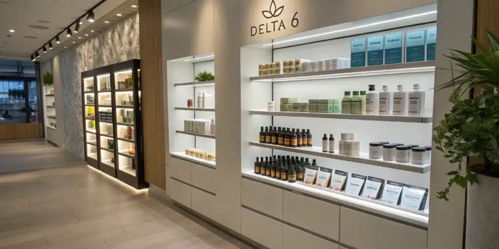 A realistic, sunlit retail display in a wellness store featuring various Delta 6 products on sleek shelves, emphasizing whats delta 6 as the customer focus.