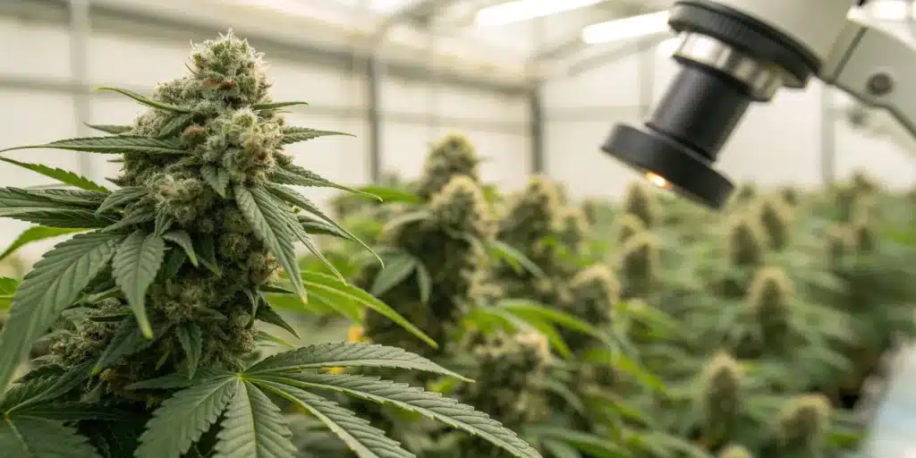 Realistic lab image of cannabis buds showcasing dense structure and high resin content typical of densest weed strains.