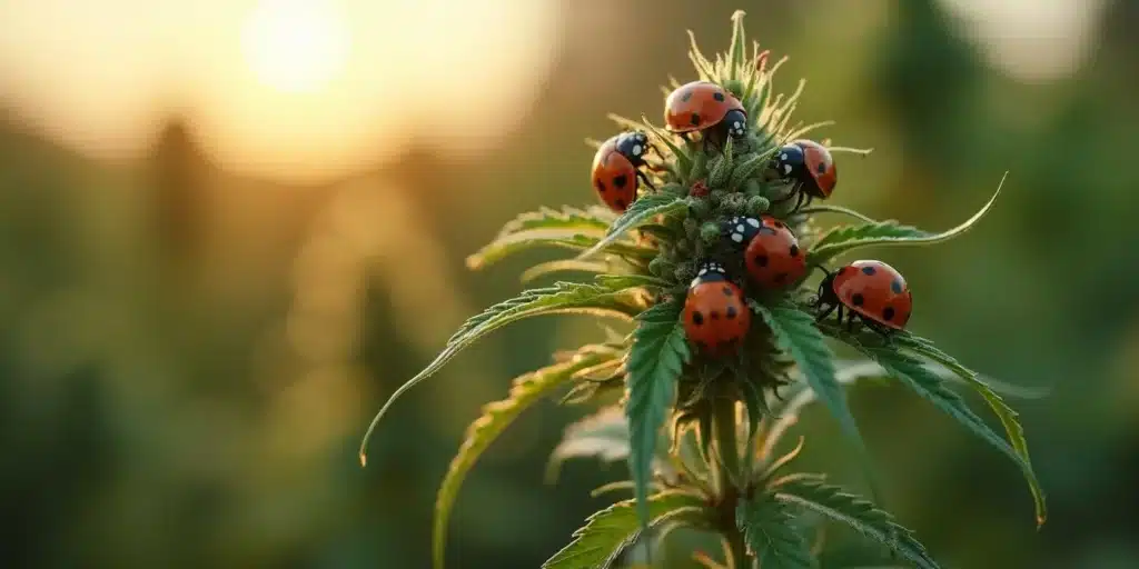 Group of ladybirds on cannabis bud during sunset.
