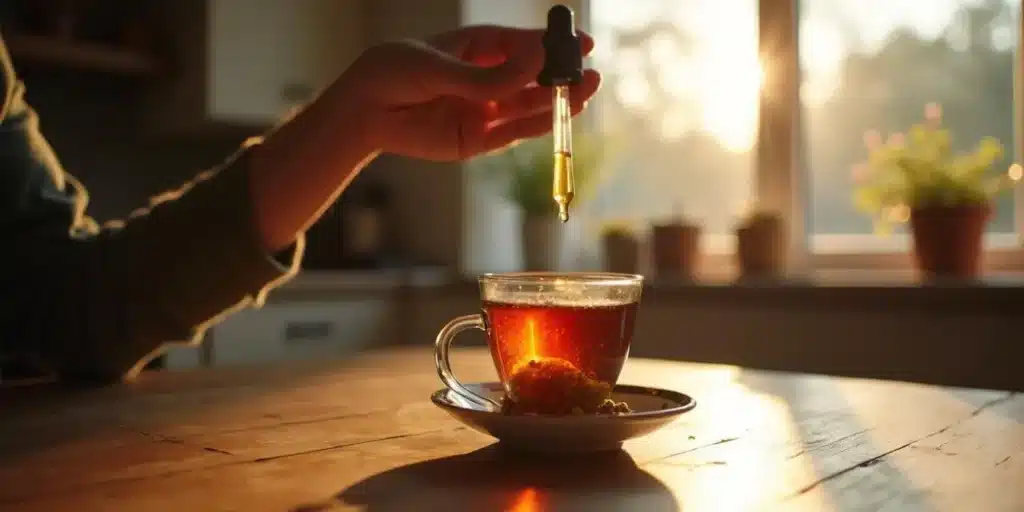 Dropping CBD oil into a cup of tea at sunrise with cannabis plants in the background.