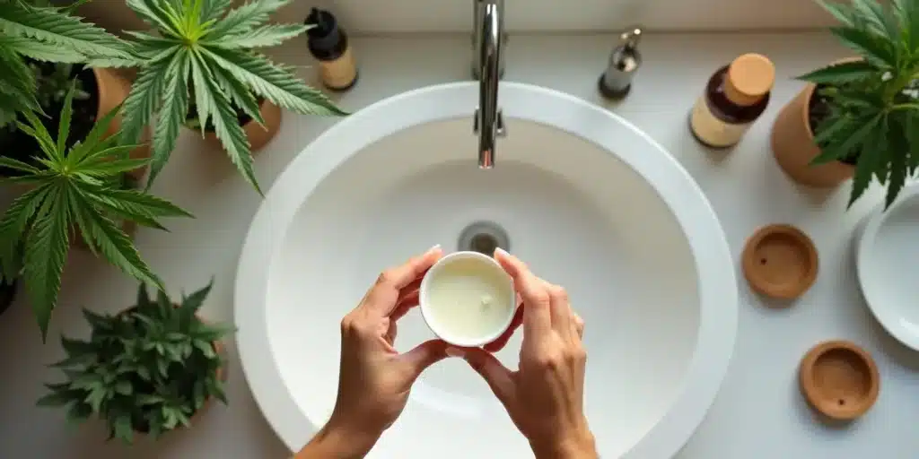 Hands holding a CBD cream container over a sink with cannabis leaves around.