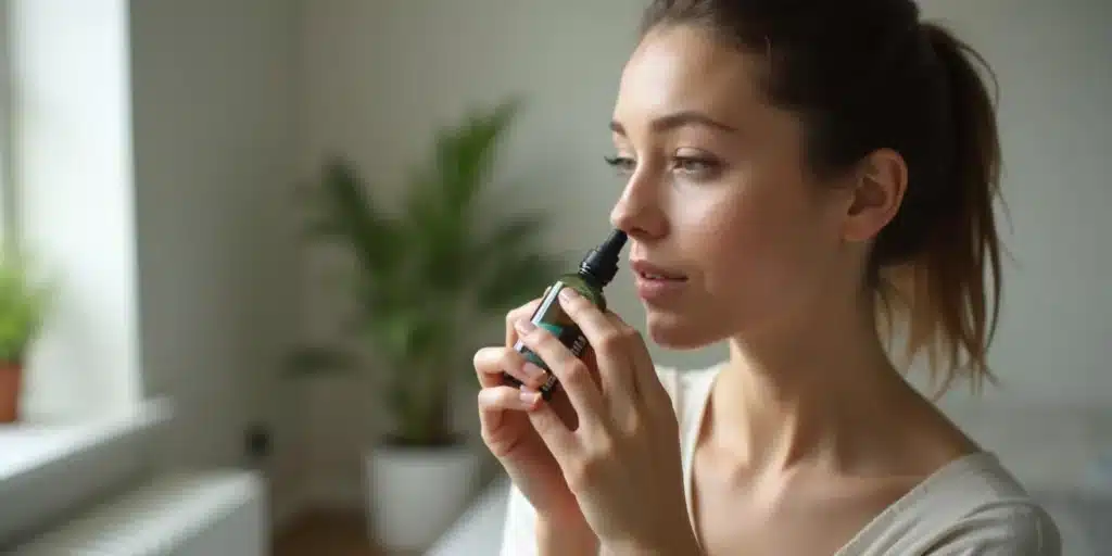 Woman using CBD nasal spray with indoor plants in a bright room.