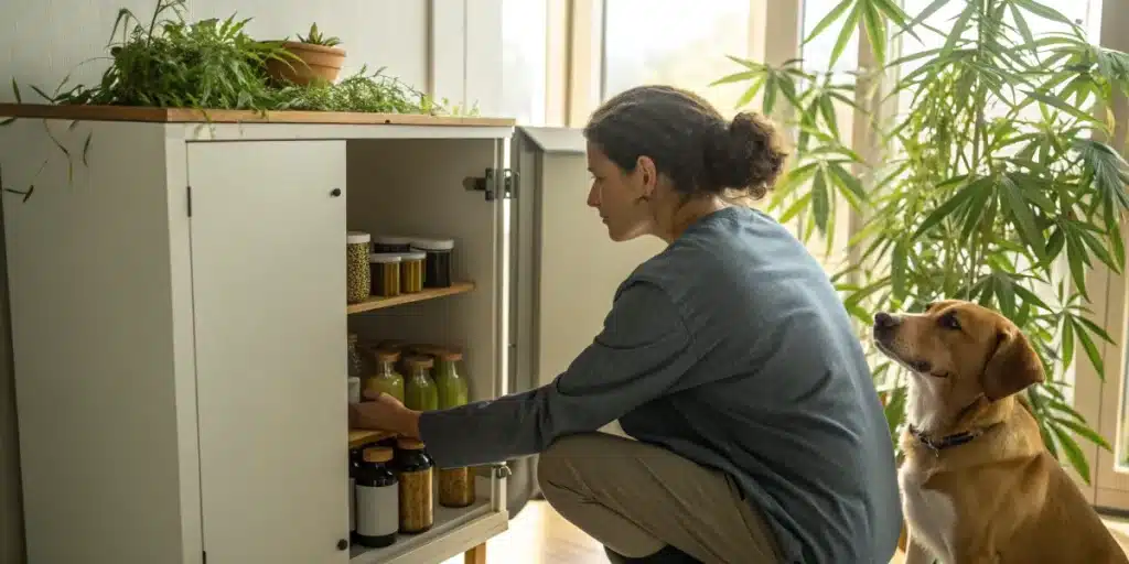 Realistic image showing a pet owner safeguarding cannabis products to prevent contact high in dogs, ensuring a secure environment.